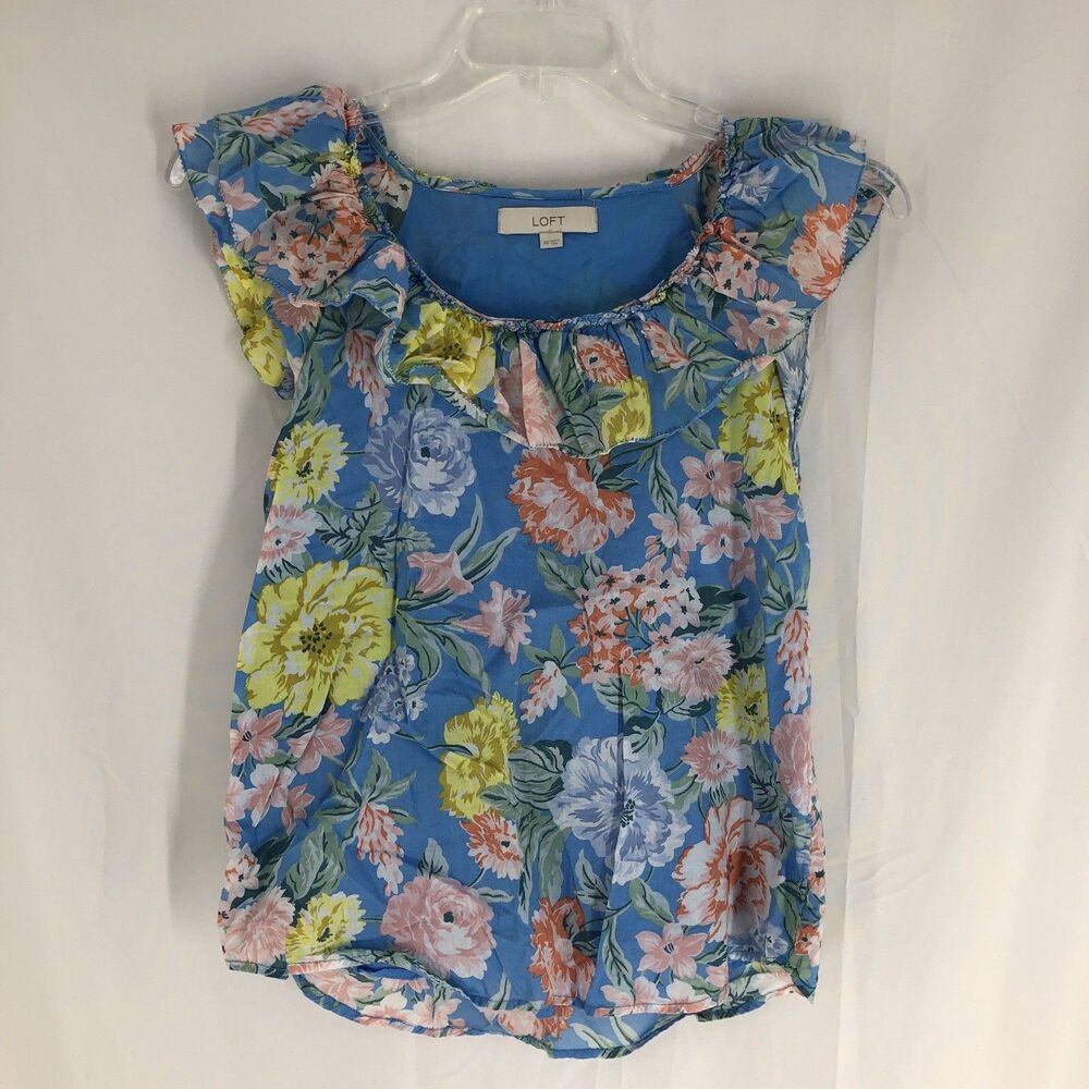LOFT Blue w/Multicolor Floral Ruffled On/Off Shoulder Sleeveless Top - Size XS